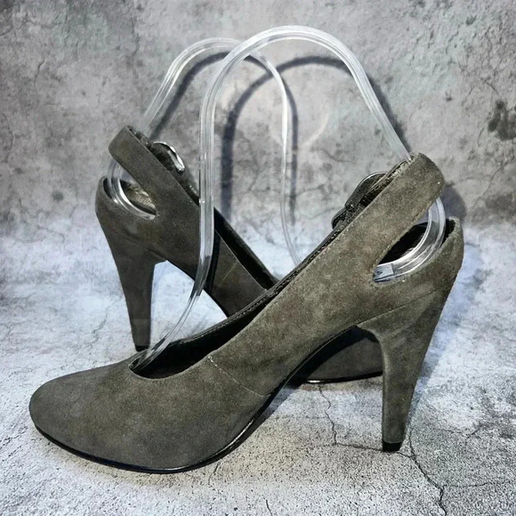 R2-2-1. STEVE MADDEN WOMEN’S‎ GRAY LEATHER CONE SLING BACK HEELS US SIZE 6M - Picture 6 of 10